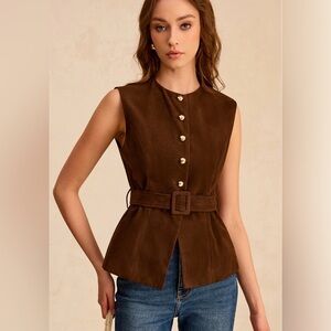 Commense Vest Womens  Brown Faux Suede Belted Button Front Gold Buttons Size S